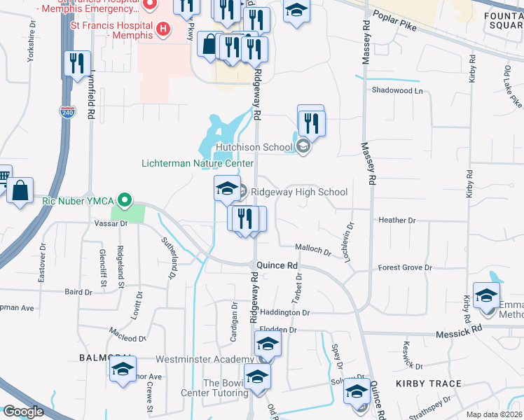 map of restaurants, bars, coffee shops, grocery stores, and more near 2161 Ridgeway Road in Memphis