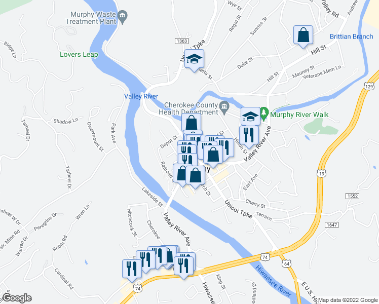 map of restaurants, bars, coffee shops, grocery stores, and more near 71 Tennessee Street in Murphy