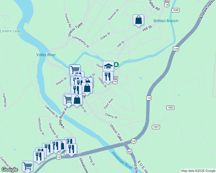 map of restaurants, bars, coffee shops, grocery stores, and more near 269 Valley River Avenue in Murphy
