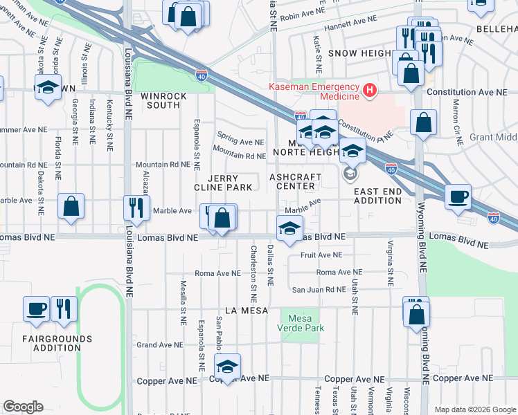 map of restaurants, bars, coffee shops, grocery stores, and more near 7801 Marble Avenue in Albuquerque