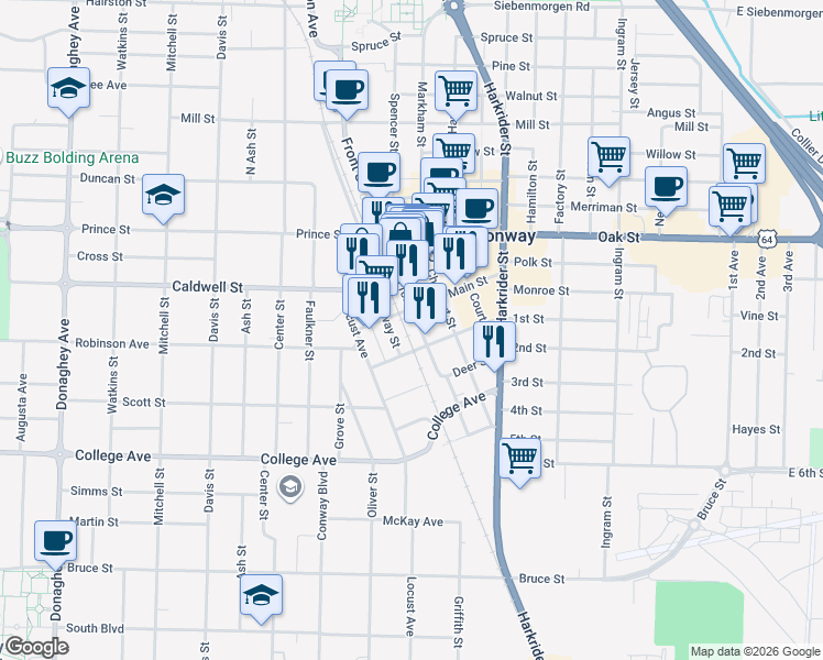 map of restaurants, bars, coffee shops, grocery stores, and more near 1307 Prairie Street in Conway