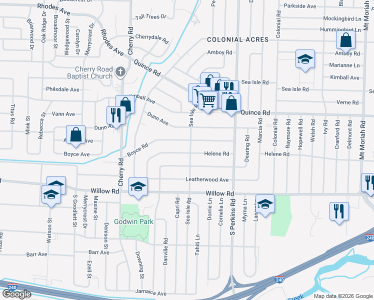 map of restaurants, bars, coffee shops, grocery stores, and more near 1573 Sea Isle Road in Memphis