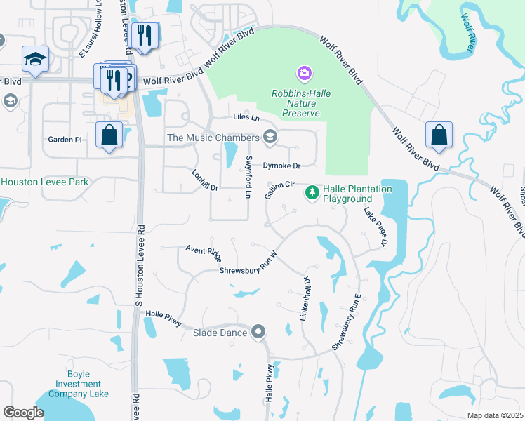 map of restaurants, bars, coffee shops, grocery stores, and more near 1812 Swynford Lane in Collierville