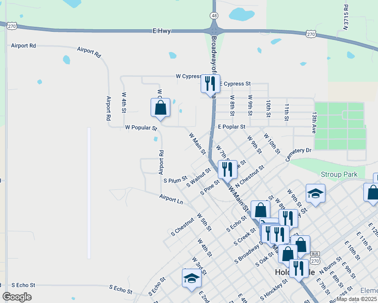 map of restaurants, bars, coffee shops, grocery stores, and more near 101 South Cherry Street in Holdenville