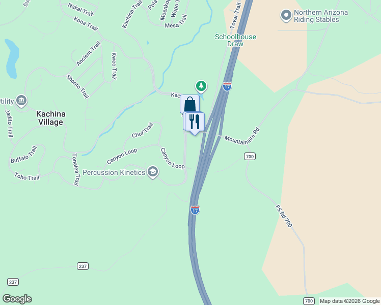 map of restaurants, bars, coffee shops, grocery stores, and more near 85 Kachina Trail in Flagstaff