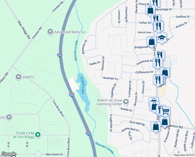 map of restaurants, bars, coffee shops, grocery stores, and more near 7605 Jennings Lane in Fayetteville