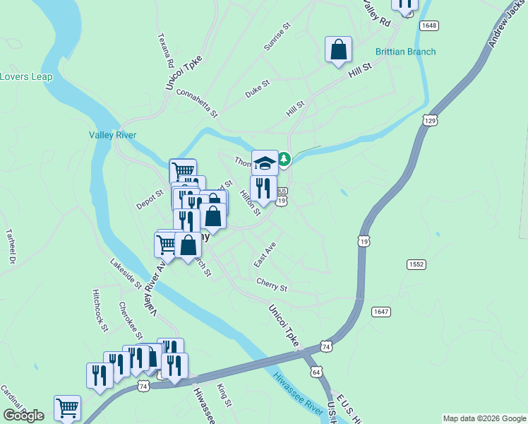 map of restaurants, bars, coffee shops, grocery stores, and more near 269 Valley River Avenue in Murphy