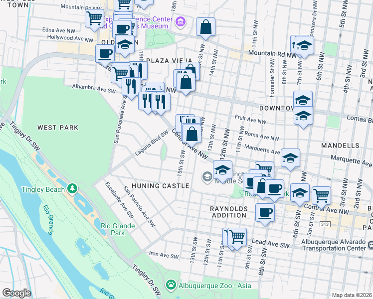 map of restaurants, bars, coffee shops, grocery stores, and more near 1410 Central Avenue Southwest in Albuquerque