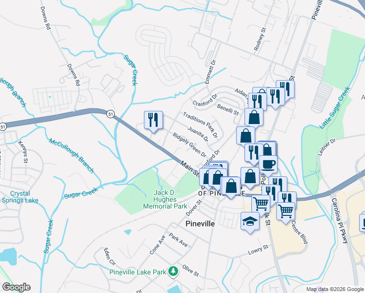 map of restaurants, bars, coffee shops, grocery stores, and more near in Pineville