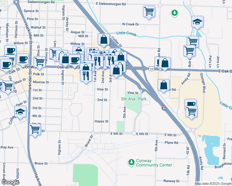 map of restaurants, bars, coffee shops, grocery stores, and more near 617 4th Avenue in Conway