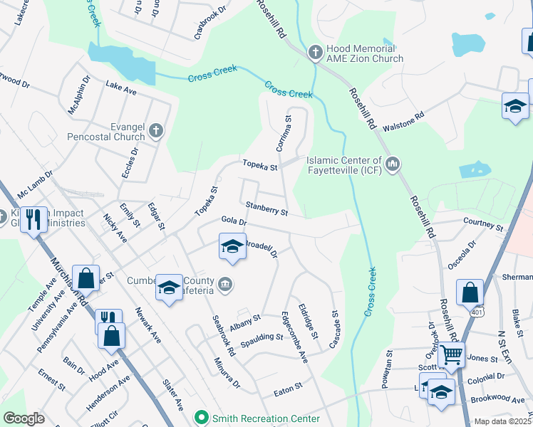 map of restaurants, bars, coffee shops, grocery stores, and more near 1851 Stanberry Street in Fayetteville