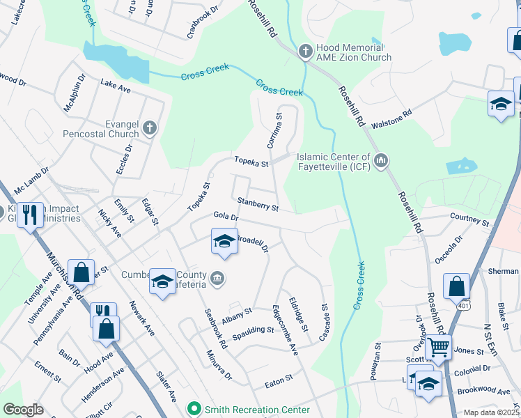 map of restaurants, bars, coffee shops, grocery stores, and more near 1849 Stanberry Street in Fayetteville