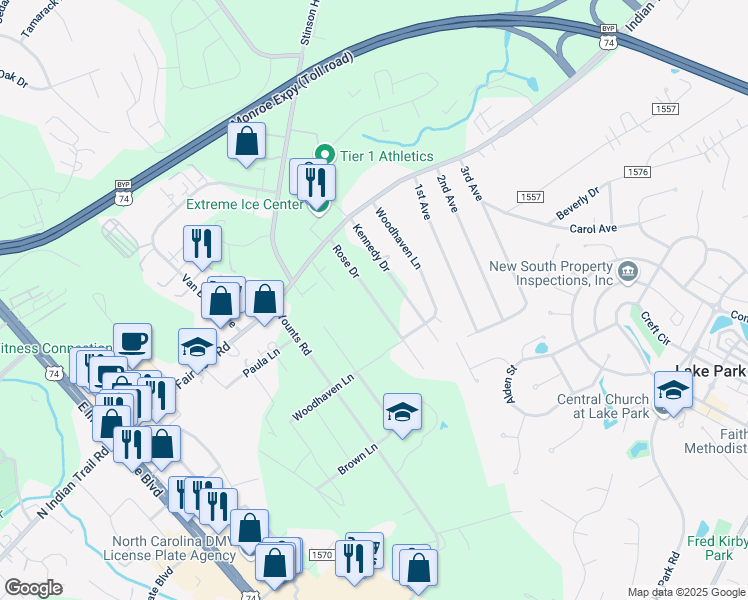 map of restaurants, bars, coffee shops, grocery stores, and more near 6719 Kennedy Drive in Indian Trail