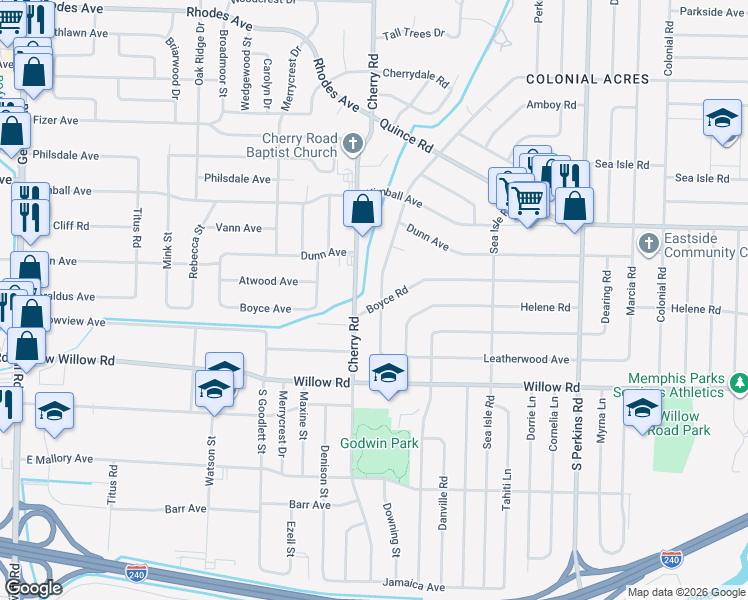 map of restaurants, bars, coffee shops, grocery stores, and more near 1541 Flamingo Road in Memphis