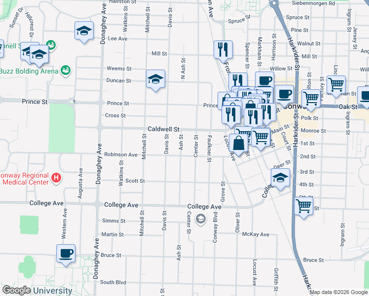 map of restaurants, bars, coffee shops, grocery stores, and more near 834 Ash Street in Conway