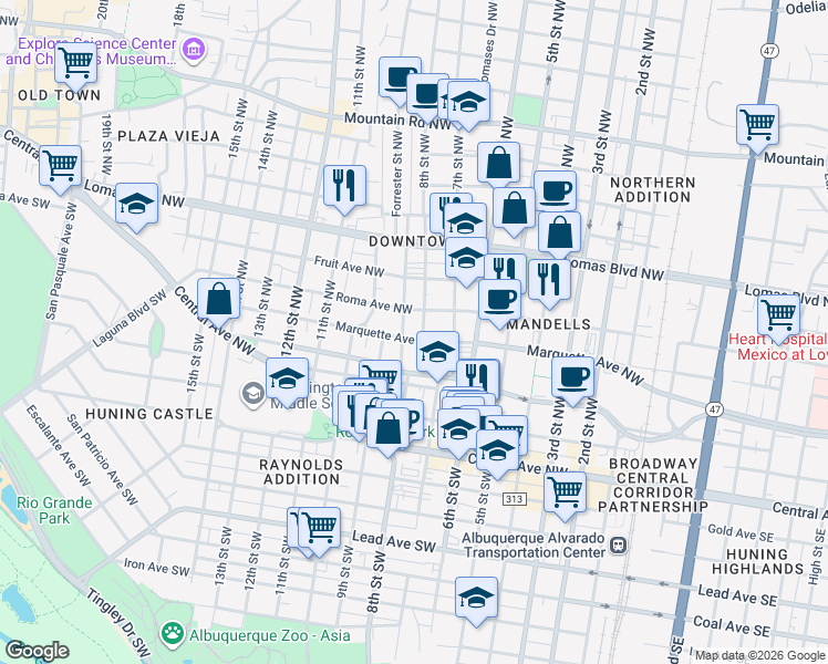 map of restaurants, bars, coffee shops, grocery stores, and more near 803 Marquette Avenue Northwest in Albuquerque