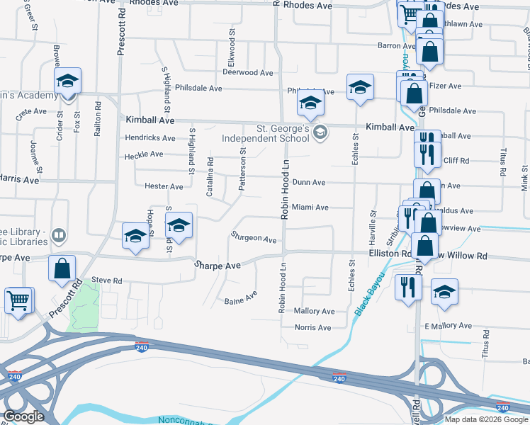 map of restaurants, bars, coffee shops, grocery stores, and more near 1537 Robin Hood Lane in Memphis