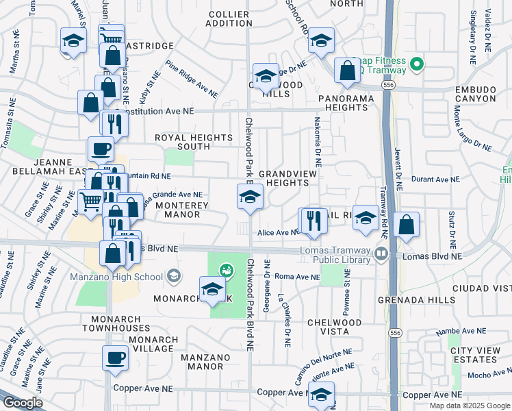 map of restaurants, bars, coffee shops, grocery stores, and more near in Albuquerque