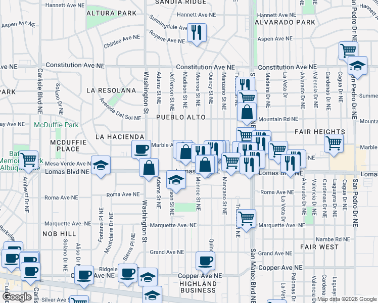 map of restaurants, bars, coffee shops, grocery stores, and more near 4801 Marble Avenue in Albuquerque