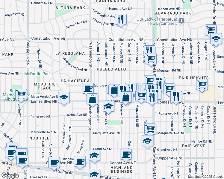map of restaurants, bars, coffee shops, grocery stores, and more near 4801 Marble Avenue in Albuquerque