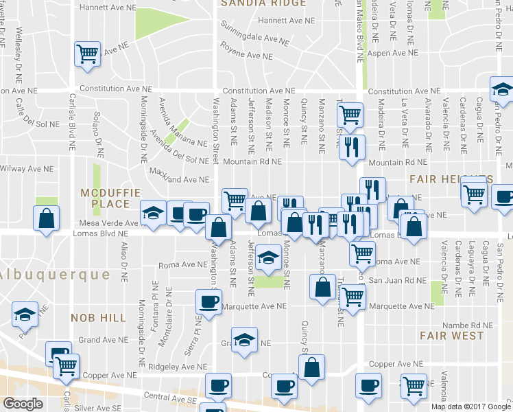 map of restaurants, bars, coffee shops, grocery stores, and more near 701 Jefferson Street Northeast in Albuquerque