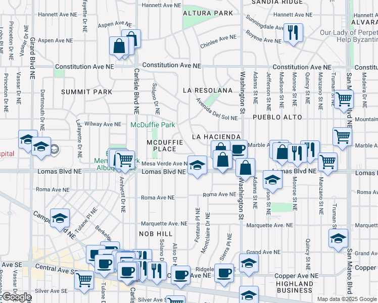 map of restaurants, bars, coffee shops, grocery stores, and more near 725 Montclaire Drive Northeast in Albuquerque