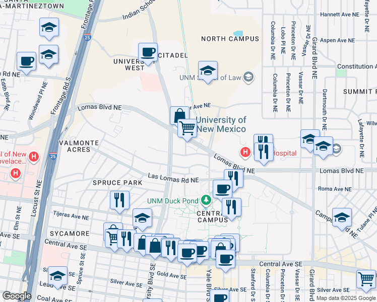 map of restaurants, bars, coffee shops, grocery stores, and more near 1700 Lomas Boulevard Northeast in Albuquerque