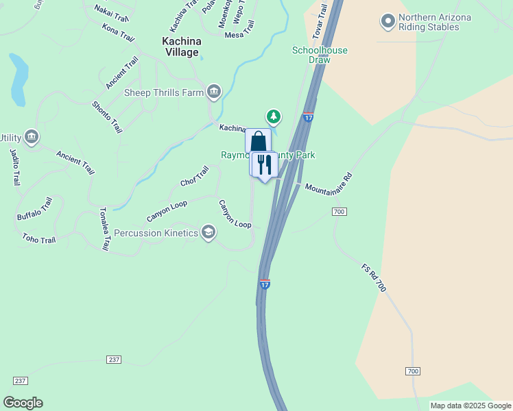 map of restaurants, bars, coffee shops, grocery stores, and more near 85 Kachina Trail in Flagstaff