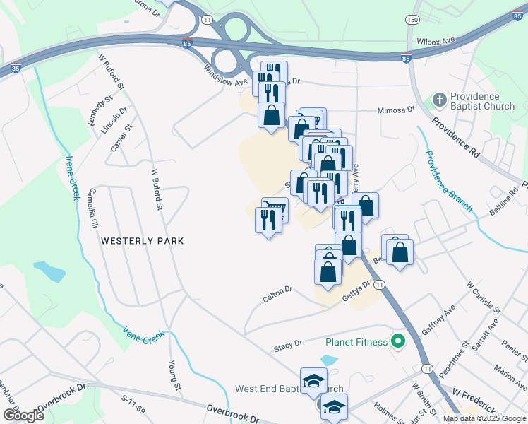 map of restaurants, bars, coffee shops, grocery stores, and more near 103 Stuard St in Gaffney