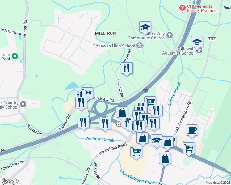 map of restaurants, bars, coffee shops, grocery stores, and more near 5911 Snow Hill Rd in Ooltewah