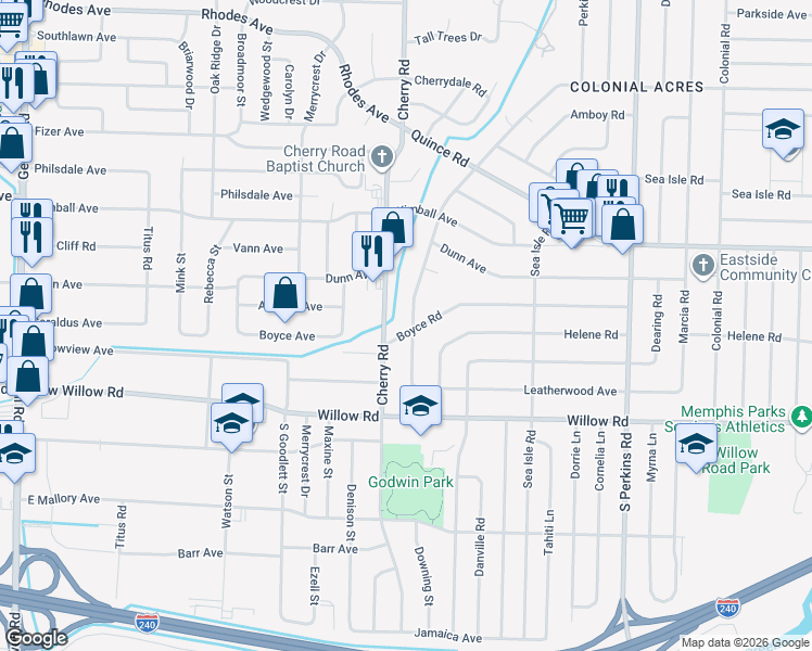 map of restaurants, bars, coffee shops, grocery stores, and more near 1541 Flamingo Road in Memphis