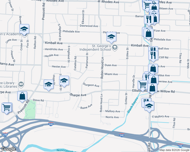 map of restaurants, bars, coffee shops, grocery stores, and more near 1537 Robin Hood Lane in Memphis