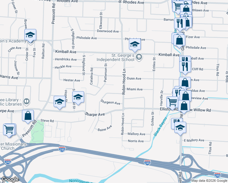 map of restaurants, bars, coffee shops, grocery stores, and more near 1537 Robin Hood Lane in Memphis