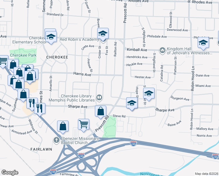 map of restaurants, bars, coffee shops, grocery stores, and more near 1538 Eastlawn Street in Memphis