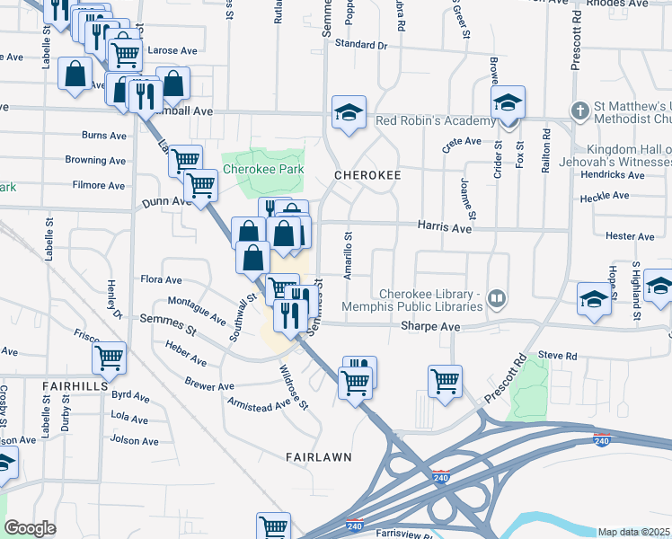 map of restaurants, bars, coffee shops, grocery stores, and more near 1546 Semmes Street in Memphis