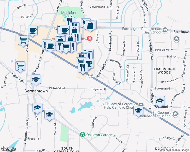map of restaurants, bars, coffee shops, grocery stores, and more near 2203 Ealing Circle in Germantown