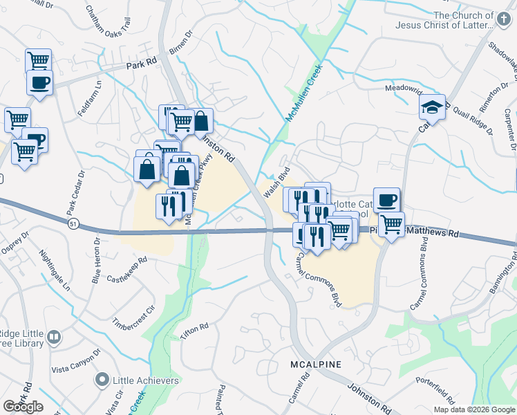 map of restaurants, bars, coffee shops, grocery stores, and more near 7845 Little Avenue in Charlotte