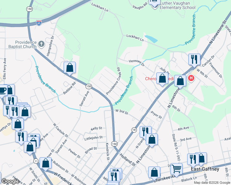map of restaurants, bars, coffee shops, grocery stores, and more near Muscot Drive in Gaffney
