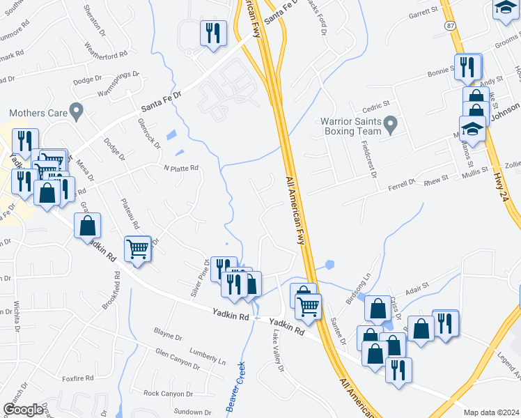 map of restaurants, bars, coffee shops, grocery stores, and more near 1701 Valley Ridge Drive in Fayetteville