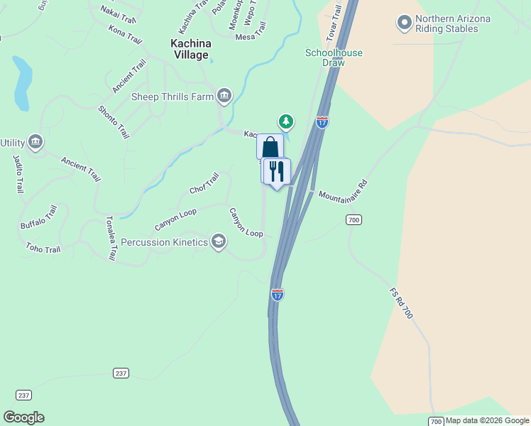 map of restaurants, bars, coffee shops, grocery stores, and more near 85 Kachina Trail in Flagstaff