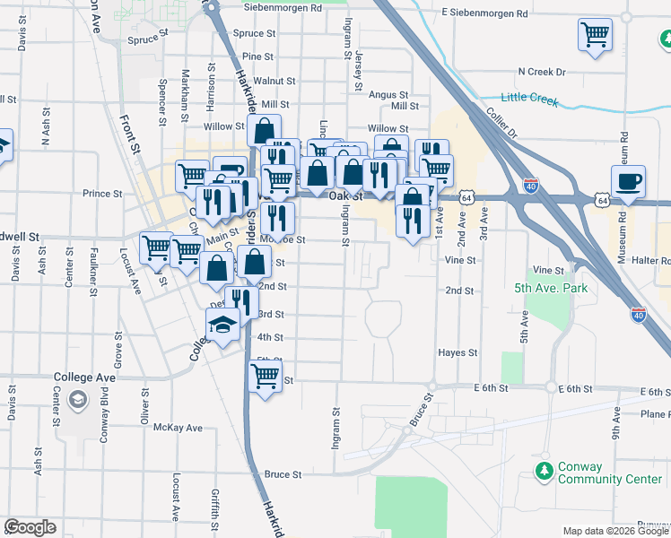 map of restaurants, bars, coffee shops, grocery stores, and more near 519 Monroe Street in Conway