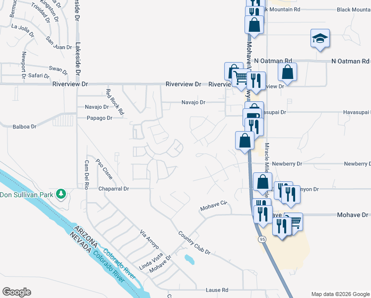 map of restaurants, bars, coffee shops, grocery stores, and more near 2304 Pima Way in Bullhead City