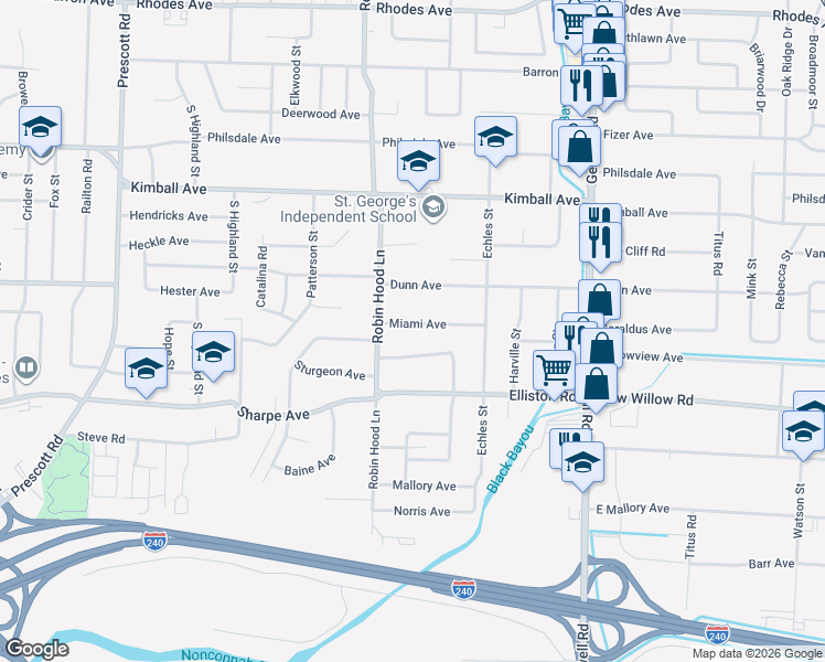 map of restaurants, bars, coffee shops, grocery stores, and more near 3718 Miami Road in Memphis