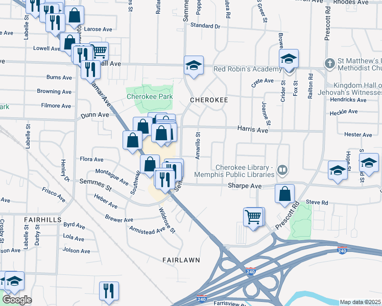 map of restaurants, bars, coffee shops, grocery stores, and more near 1546 Semmes Street in Memphis