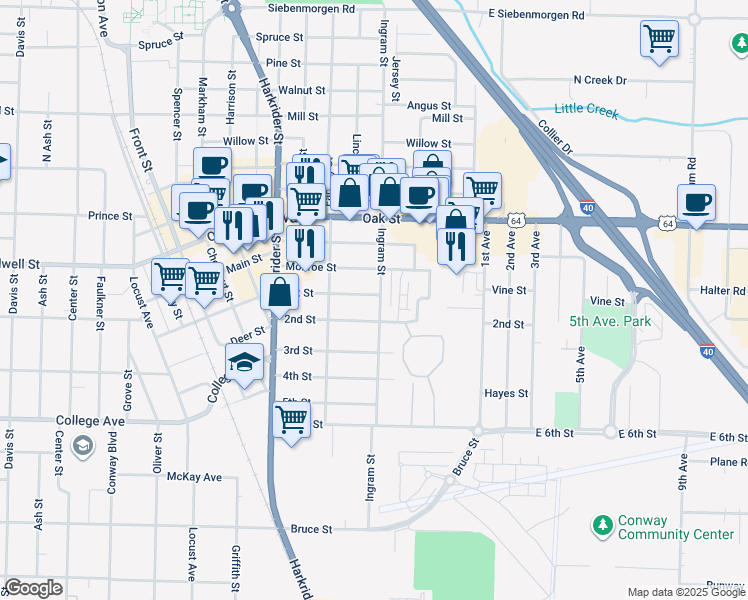 map of restaurants, bars, coffee shops, grocery stores, and more near 519 Monroe Street in Conway