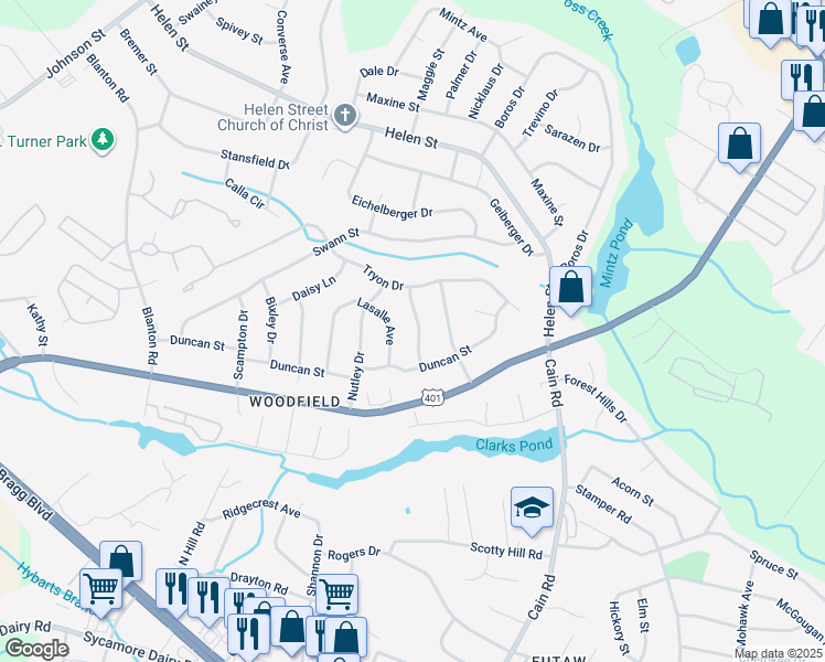 map of restaurants, bars, coffee shops, grocery stores, and more near 1609 Morehead Avenue in Fayetteville
