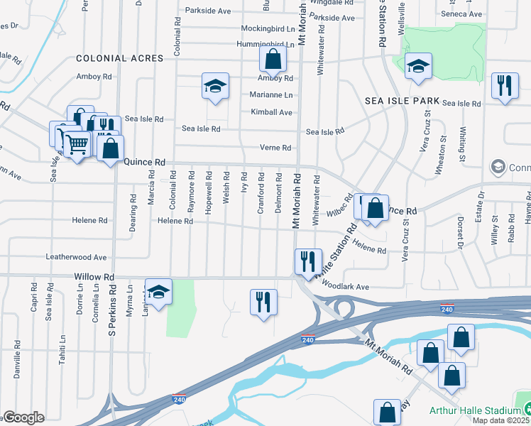 map of restaurants, bars, coffee shops, grocery stores, and more near 1534 Cranford Road in Memphis
