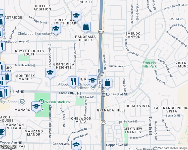 map of restaurants, bars, coffee shops, grocery stores, and more near 1001 Tramway Boulevard Northeast in Albuquerque