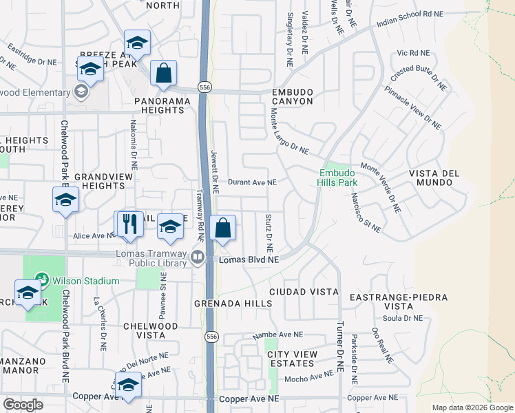 map of restaurants, bars, coffee shops, grocery stores, and more near 13513 Auburn Avenue Northeast in Albuquerque
