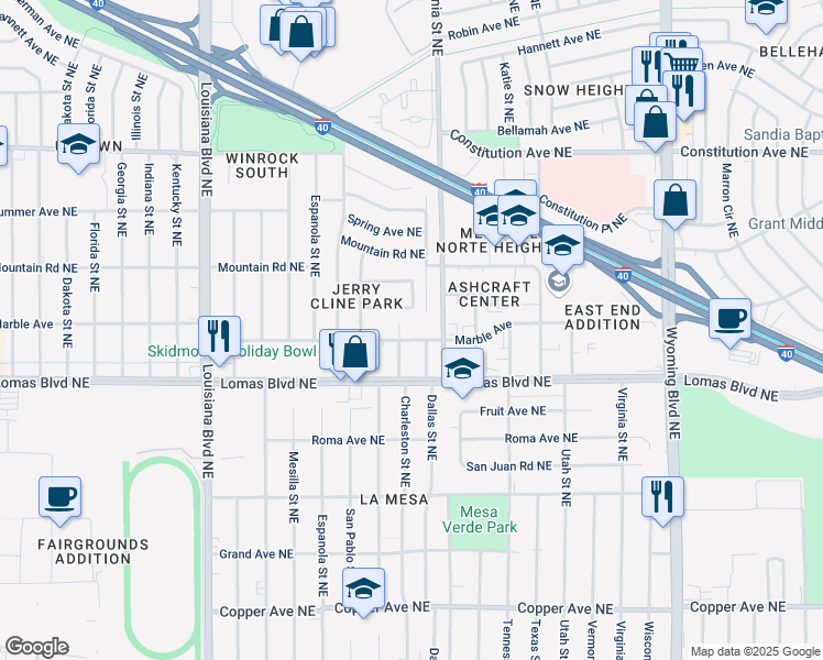 map of restaurants, bars, coffee shops, grocery stores, and more near 1019 Pennsylvania Street Northeast in Albuquerque